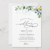 エレガントな花の黄色と青と白のウェディング 招待状 (正面)