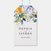 エレガントな花の黄色と青の水彩ウェディング ギフトタグ (正面)