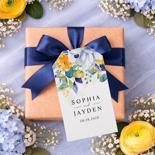 エレガントな花の黄色と青の水彩ウェディング ギフトタグ