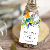 エレガントな花の黄色と青の水彩ウェディング ギフトタグ