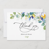 エレガントな花の黄色と青の水彩画ウェディング サンキューカード (正面)