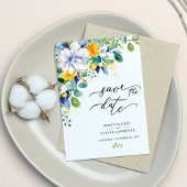 エレガントな花の黄色と青の水彩画ウェディング セーブザデート