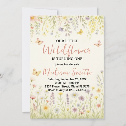 エレガントな花の1歳誕生日招待状 招待状 (正面)