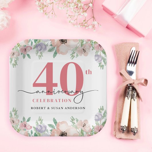 エレガントな花の40周年結婚記念日 ペーパープレート