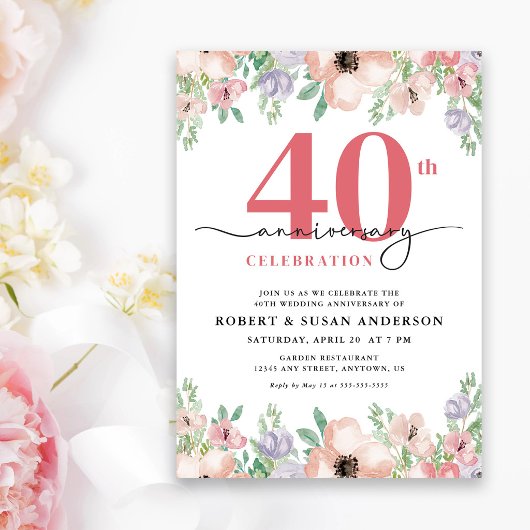 エレガントな花の40周年結婚記念日 招待状