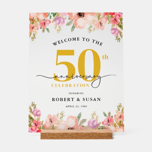 エレガントな花の50周年結婚記念日ウェルカム アクリルサイン (正面)