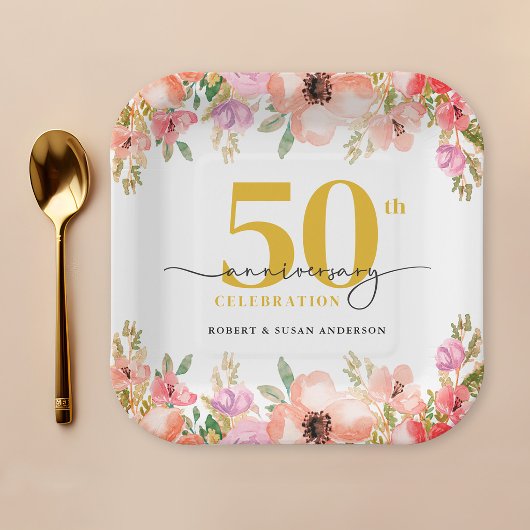 エレガントな花の50周年結婚記念日 ペーパープレート