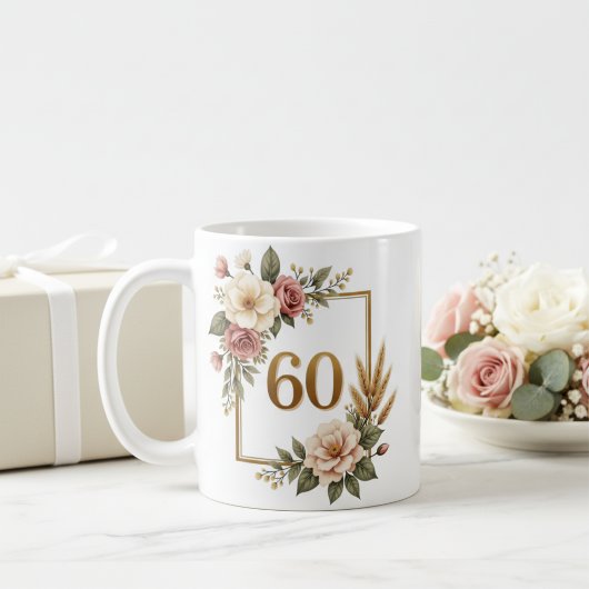 エレガントな花の60歳の誕生日 オーダーメイド 名前&日付 コーヒーマグカップ