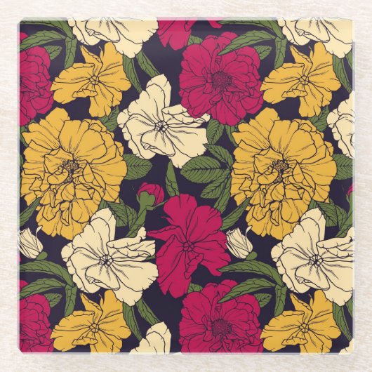 エレガントな花パターン ガラスコースター (正面)