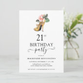 エレガントな花モチーフのゴールドハイヒール 21歳の誕生日 招待状 (スタンド正面)