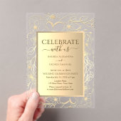 エレガントな花モチーフのゴールド ウェディング レセプション アクリル招待状 (インサイチュ (ポータブル))