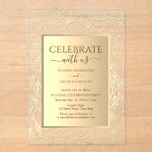 エレガントな花モチーフのゴールド ウェディング レセプション アクリル招待状 (正面)