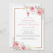 エレガントな花モチーフのピンクとゴールドの十字架 洗礼 招待状 (正面)