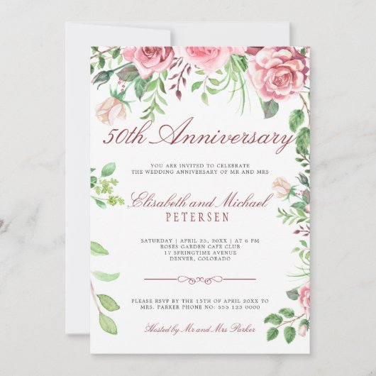 エレガントな花園での50周年結婚記念日 招待状 (正面)