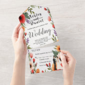エレガントな花園で美しいブライドとグルームが過ごす、夏のウェディング オールインワン招待状 (貼ってはがせる)