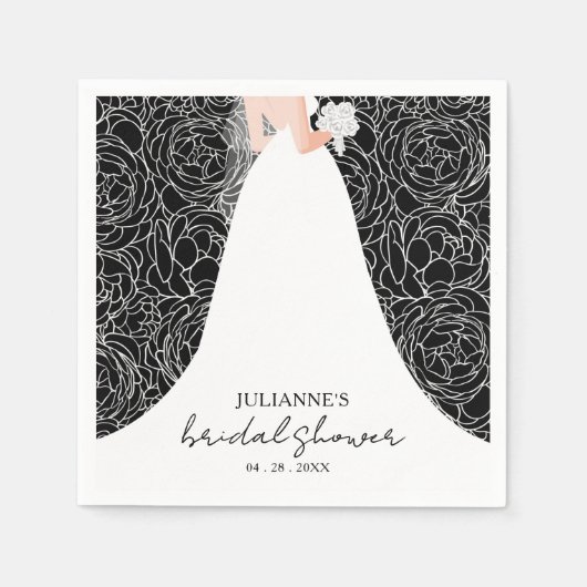 エレガントな花嫁とブラックの背景の花のブライダルシャワー スタンダードカクテルナプキン (正面)