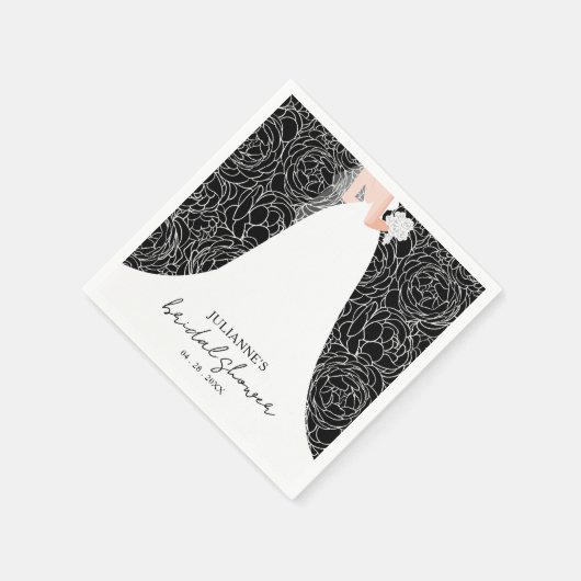 エレガントな花嫁とブラックの背景の花のプリント ブライズシャワー スタンダードカクテルナプキン (角)
