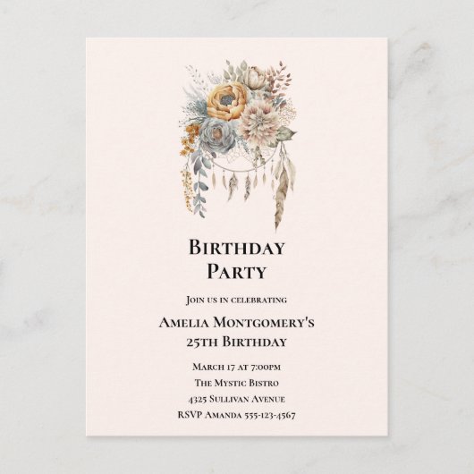 エレガントな花束とドリームキャッチャーの誕生日 ポストカード (正面)