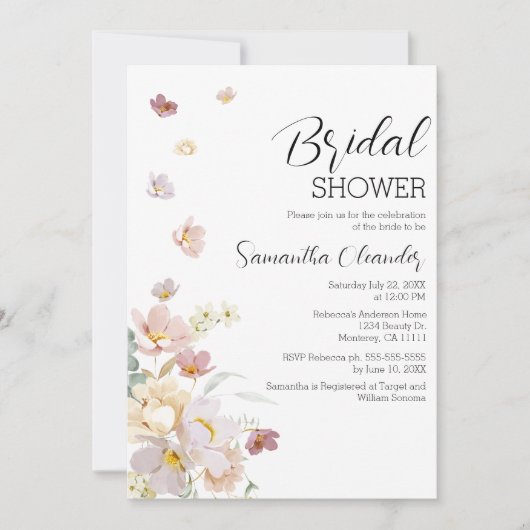エレガントな花束と野生の花のブライダルシャワー 招待状 (正面)