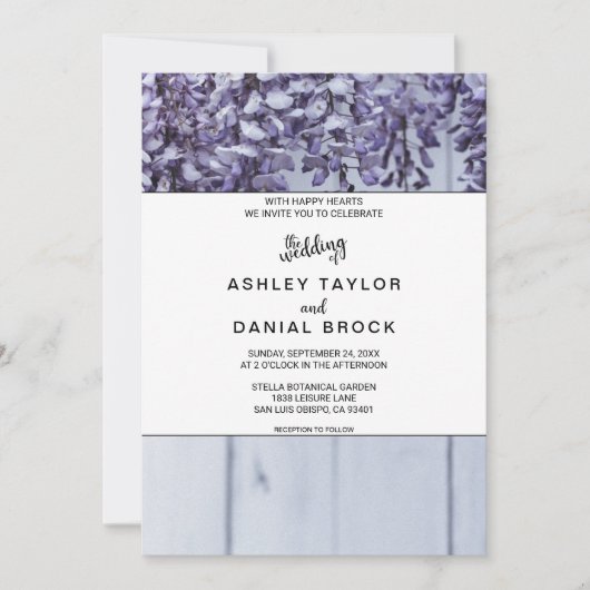 エレガントな花束 紫のバラ 木 花のウェディング 招待状 (正面)