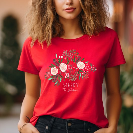 エレガントな花柄のクリスマスホリデー Tシャツ