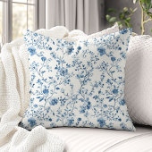 エレガントな花柄のトワル ブルー ホワイト ヴィンテージスタイル クッション