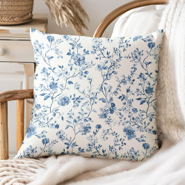 エレガントな花柄のトワル ブルー ホワイト ヴィンテージスタイル クッション