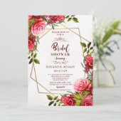 エレガントな花柄のバーガンディゴールドフレーム ブライダルシャワー 招待状 (スタンド正面)