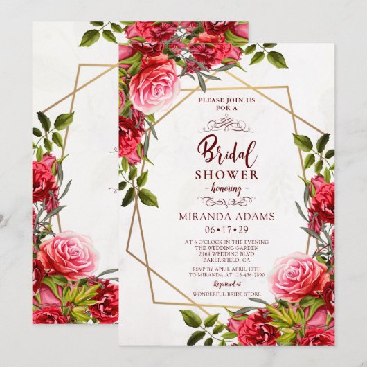 エレガントな花柄のバーガンディゴールドフレーム ブライダルシャワー 招待状 (正面/裏面)