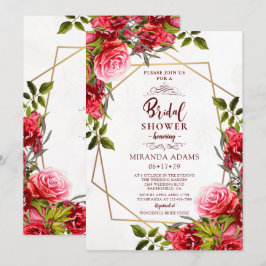 エレガントな花柄のバーガンディゴールドフレーム ブライダルシャワー 招待状