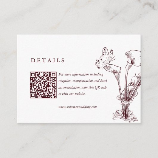 エレガントな花柄のバーガンディー結婚式詳細QRコード エンクロージャーカード (正面)