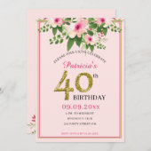 エレガントな花柄のピンクとゴールドの40歳の誕生日 招待状 (正面/裏面)