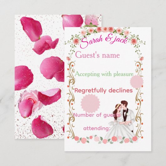 エレガントな花柄のピンクの結婚式RSVPカード 出欠カード (正面/裏面)