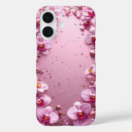 エレガントな花柄のピンクの蘭フレーム iPhone 16ケース