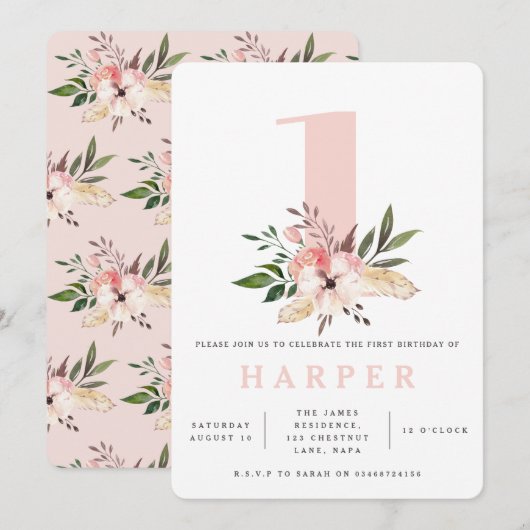 エレガントな花柄のピンクの誕生日パーティー招待状 招待状 (正面/裏面)