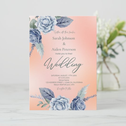 エレガントな花柄のピーチとダスティーブルーの結婚式 招待状 (スタンド正面)