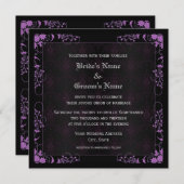 エレガントな花柄のブラックとパープルのダマスクウェディング 招待状 (正面/裏面)