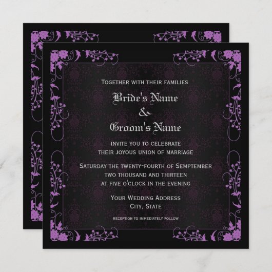 エレガントな花柄のブラックとパープルのダマスクウェディング 招待状 (正面/裏面)