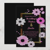 エレガントな花柄のブラックとピンクの結婚式招待状 招待状 (正面/裏面)