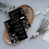 エレガントな花柄のブラック＆ホワイトの出欠返信カード 出欠カード