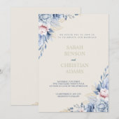エレガントな花柄の招待状 ソフトブルー、ピンク、ヌードカラー 招待状 (正面/裏面)