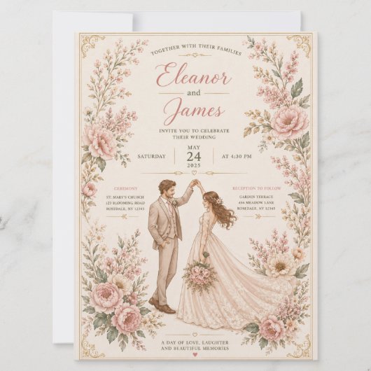 エレガントな花柄の結婚式招待状テンプレート セーブザデート (正面)