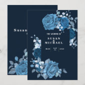 エレガントな花柄の青い結婚式招待状 招待状 (正面/裏面)
