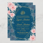 エレガントな花柄の青と金のイスラム教ムスリム結婚式 招待状 (正面/裏面)