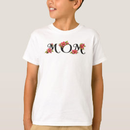 エレガントな花柄の"MOM"タイポグラフィーデザイン Tシャツ