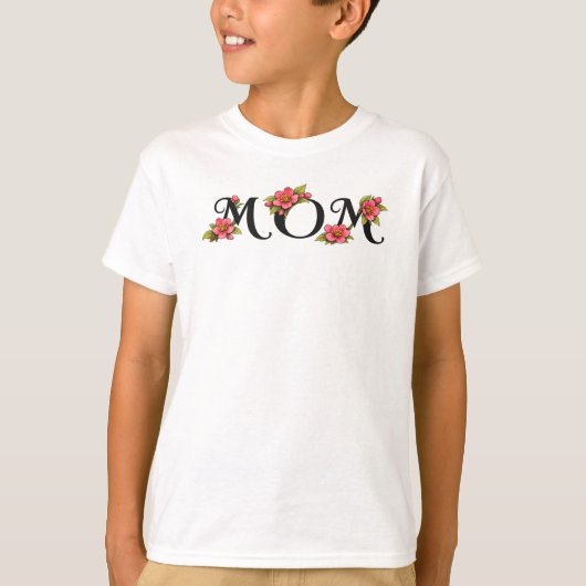 エレガントな花柄の"MOM"タイポグラフィーデザイン Tシャツ (正面)