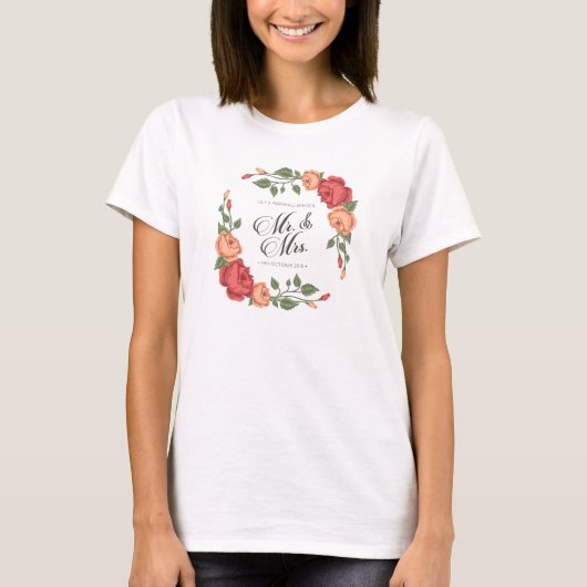 エレガントな花柄のMr & Mrs ウェディングTシャツ Tシャツ (正面)