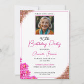 エレガントな花柄グリッター90歳の誕生日 招待状 (正面)