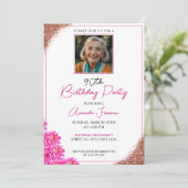 エレガントな花柄グリッター90歳の誕生日 招待状 (スタンド正面)