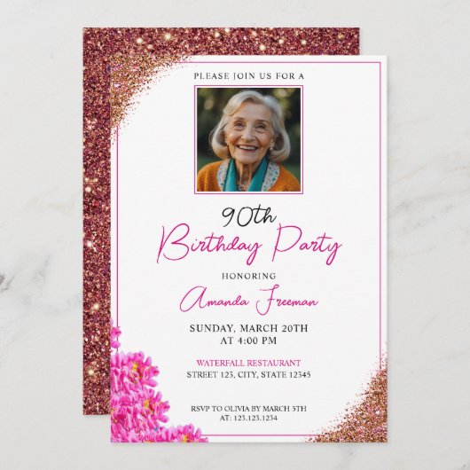 エレガントな花柄グリッター90歳の誕生日 招待状 (正面/裏面)